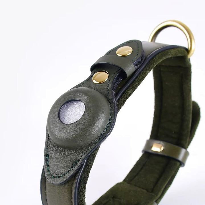 Primo piano del collare ARGO verde con cuciture robuste e supporto AirTag