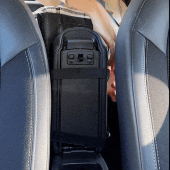 Trasportino Paw-Go fissato al bracciolo dell'auto per il trasporto sicuro di cani e gatti