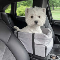 Cane seduto nel trasportino Pawvella Paw-Go, posizionato tra i sedili anteriori dell'auto