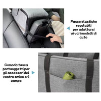 Trasportino Pawvella Paw-Go con fissaggio elastico regolabile bracciolo auto e tasca portaoggetti integrata