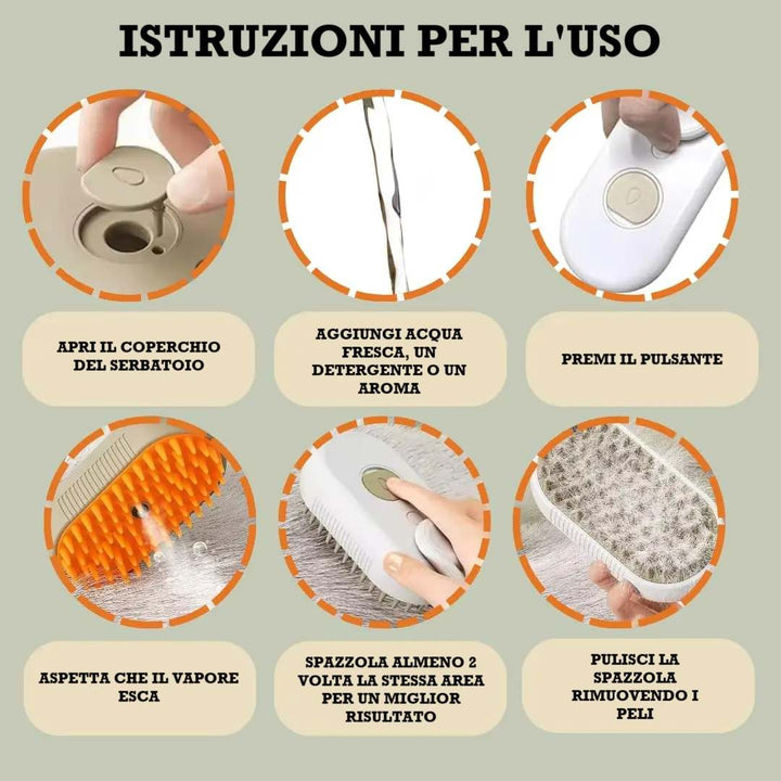 Istruzioni d'uso spazzola con serbatoio per acqua o oli essenziali Pawvella Classic
