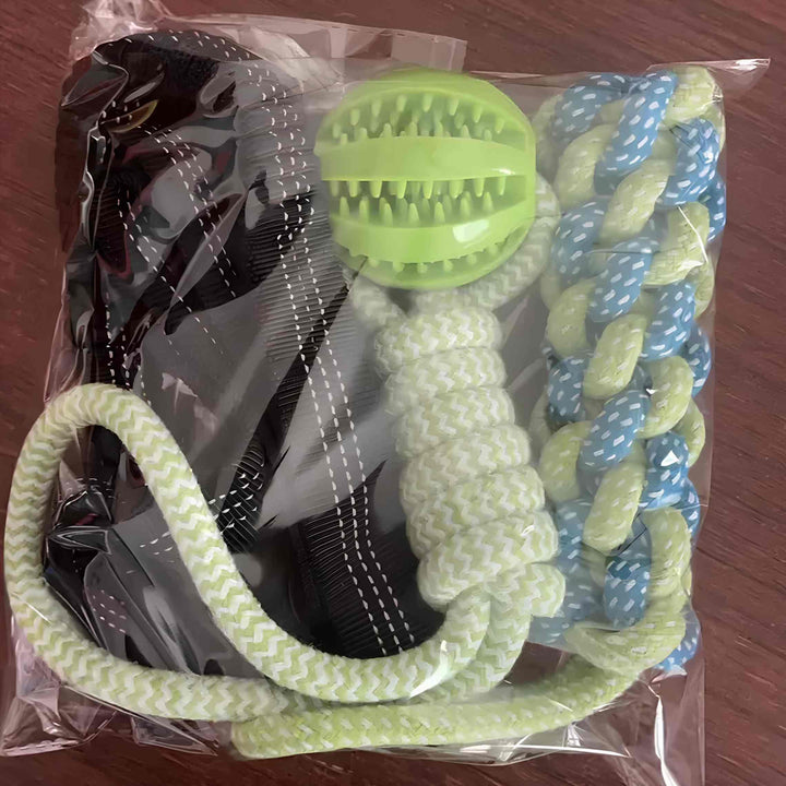 Contenuto della confezione del set gioco POWER FLEX per cani: corda elastica, palla e corda da masticare
