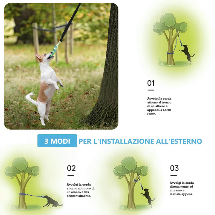 Gioco Power Flex per cani installato su albero, ideale per attività all'aperto con tre modalità di fissaggio