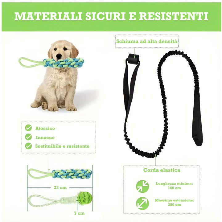 Dettagli tecnici del gioco Power Flex per cani: materiali atossici, corda elastica resistente e giochi masticabili