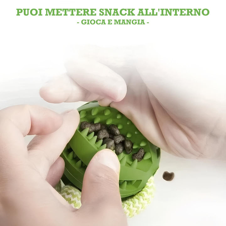 Palla masticabile del gioco Power Flex per cani, apribile per inserire snack e stimolare il gioco