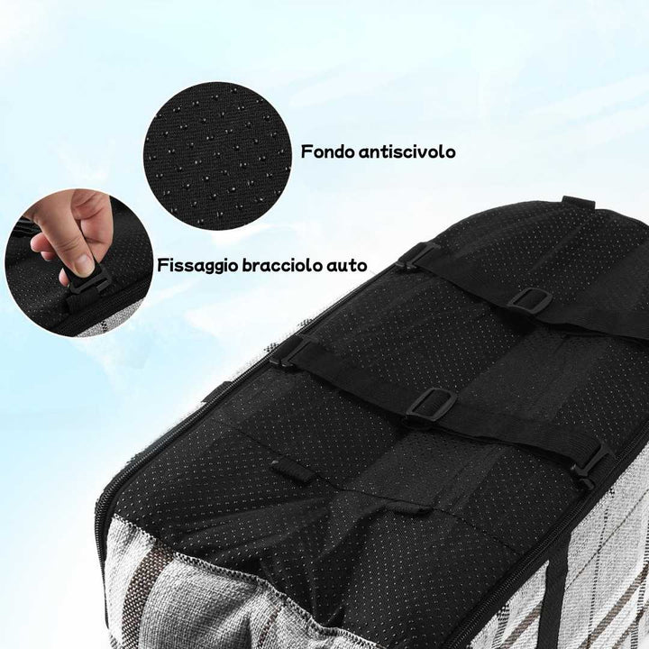 Fondo antiscivolo e sistema di fissaggio per il trasportino auto PAW-GO per cani e gatti