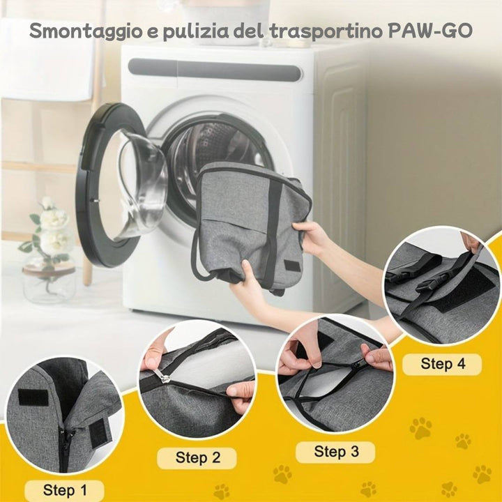 Smontaggio e pulizia del trasportino auto PAW-GO, facilmente sfoderabile e lavabile in lavatrice