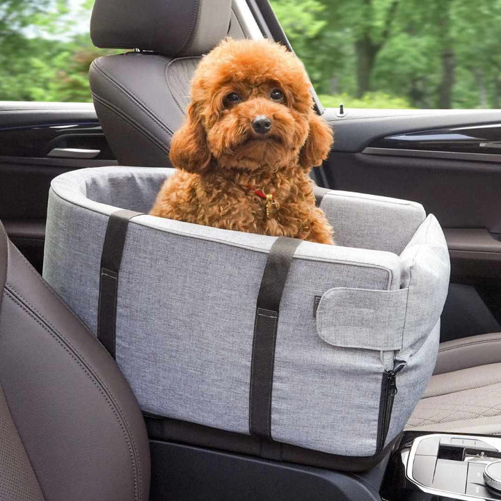 Cane di piccola taglia comodo nel trasportino Pawvella Paw-Go posizionato sul sedile anteriore