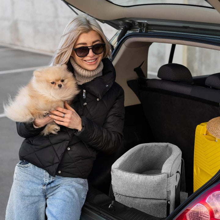 Donna con cane di piccola taglia e trasportino Pawvella Paw-Go in auto, pronto per il viaggio