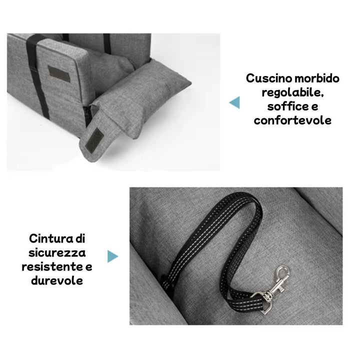 Cuscino regolabile e cintura di sicurezza resistente nel trasportino Pawvella Paw-Go