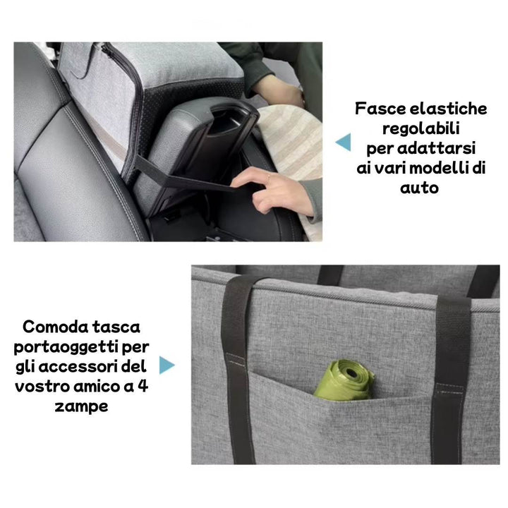 Trasportino Pawvella Paw-Go con fissaggio elastico regolabile bracciolo auto e tasca portaoggetti integrata