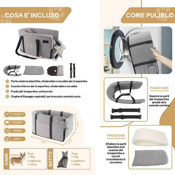 Contenuto incluso e istruzioni di lavaggio del trasportino Pawvella Paw-Go, pratico e sfoderabile